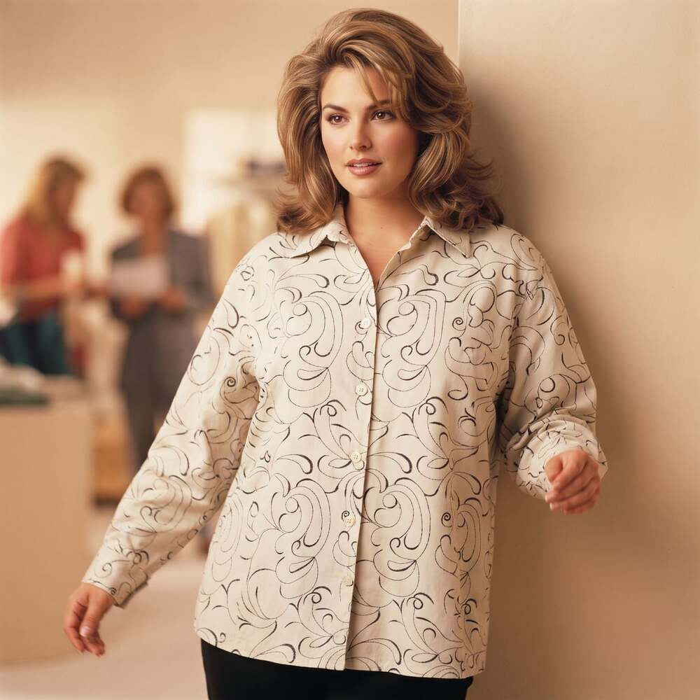 Sag Harbor Women 1X White Black Swirl Embroidered Button Shirt Y2K Art Deco